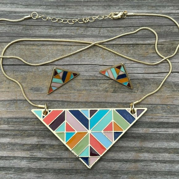 Fruitful Necklaces Gold Tone Geometric Triangle Earring enamel paint Jewelry Set - Picture 5 of 12